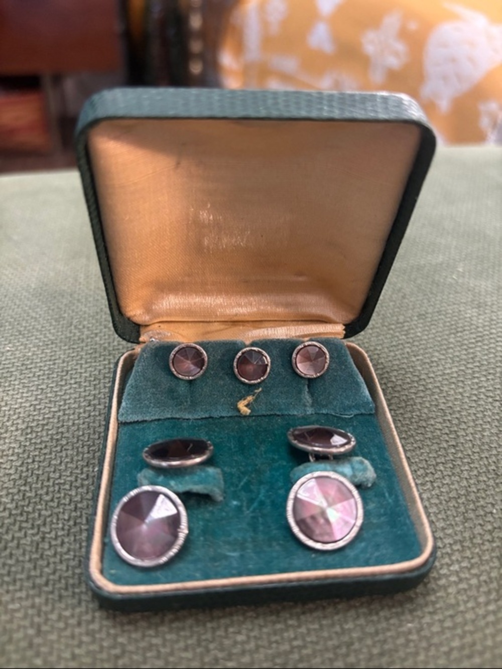 Vintage art deco silver and smoke mother of pearl cuff links and button studs